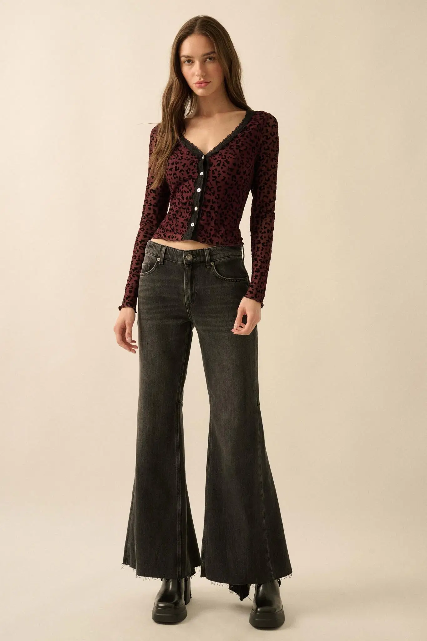 Wild Child Leopard Mesh Button-Front V-Neck Top - Image 3
