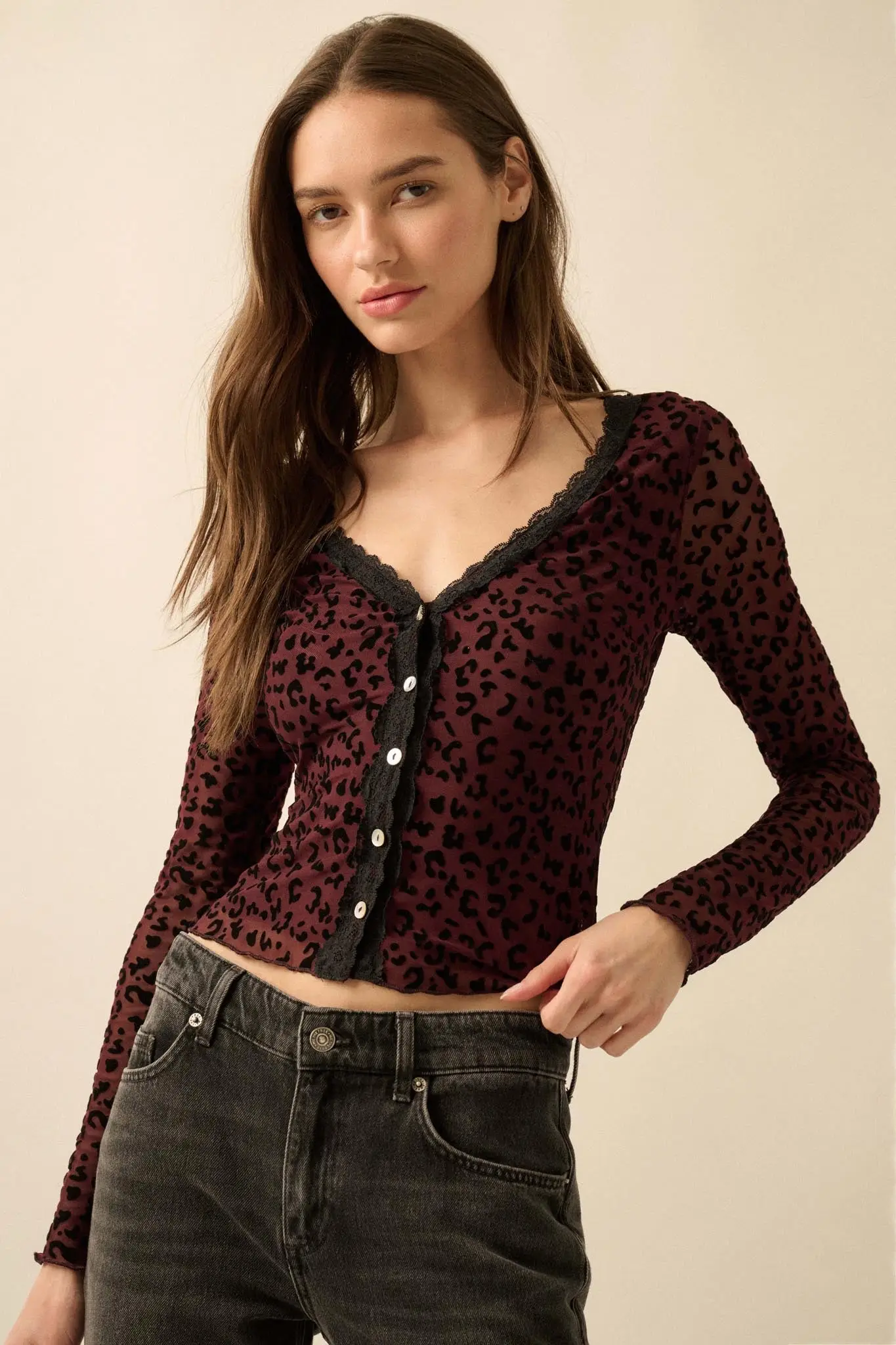 Wild Child Leopard Mesh Button-Front V-Neck Top - Image 4
