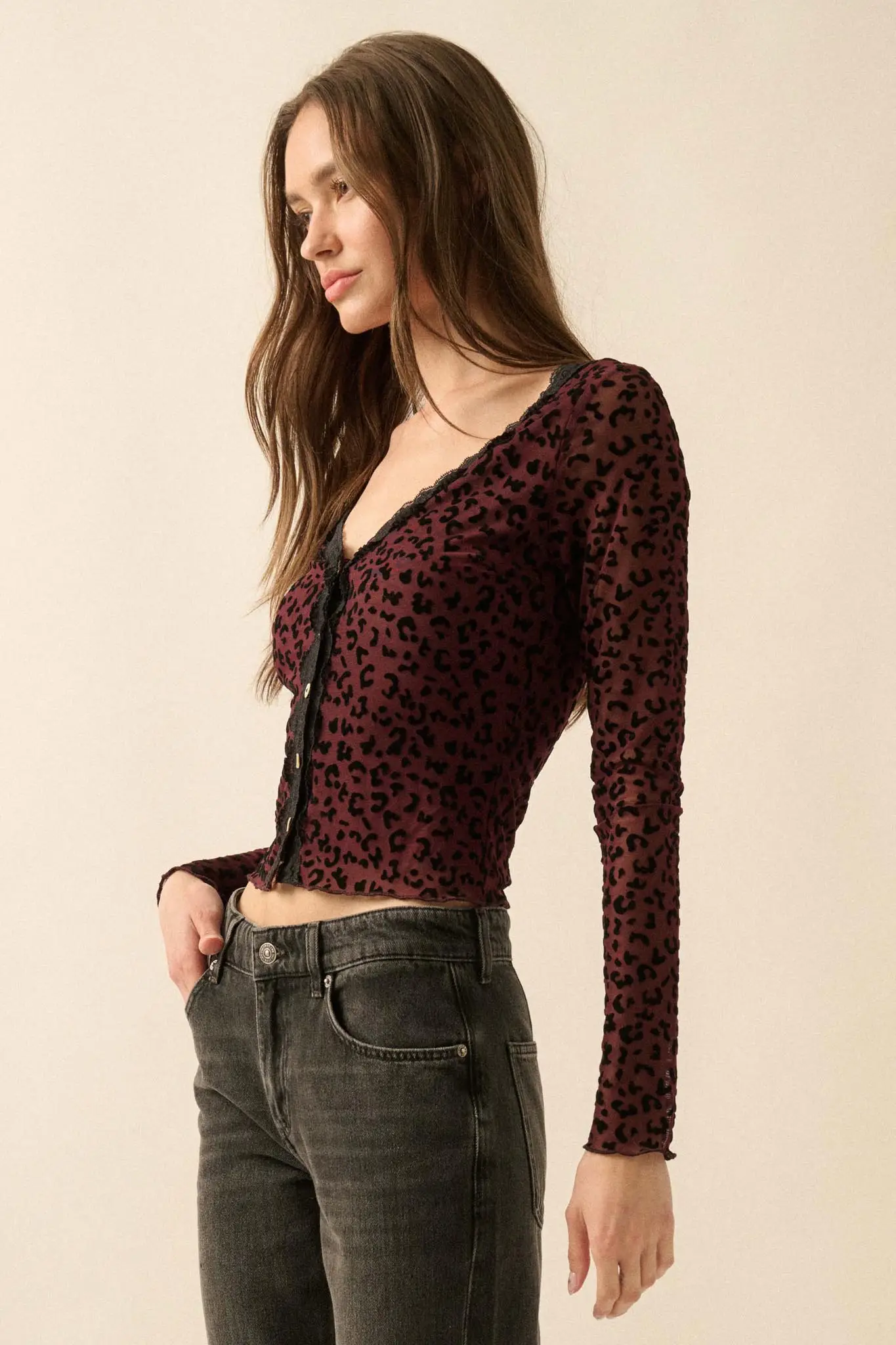 Wild Child Leopard Mesh Button-Front V-Neck Top - Image 5