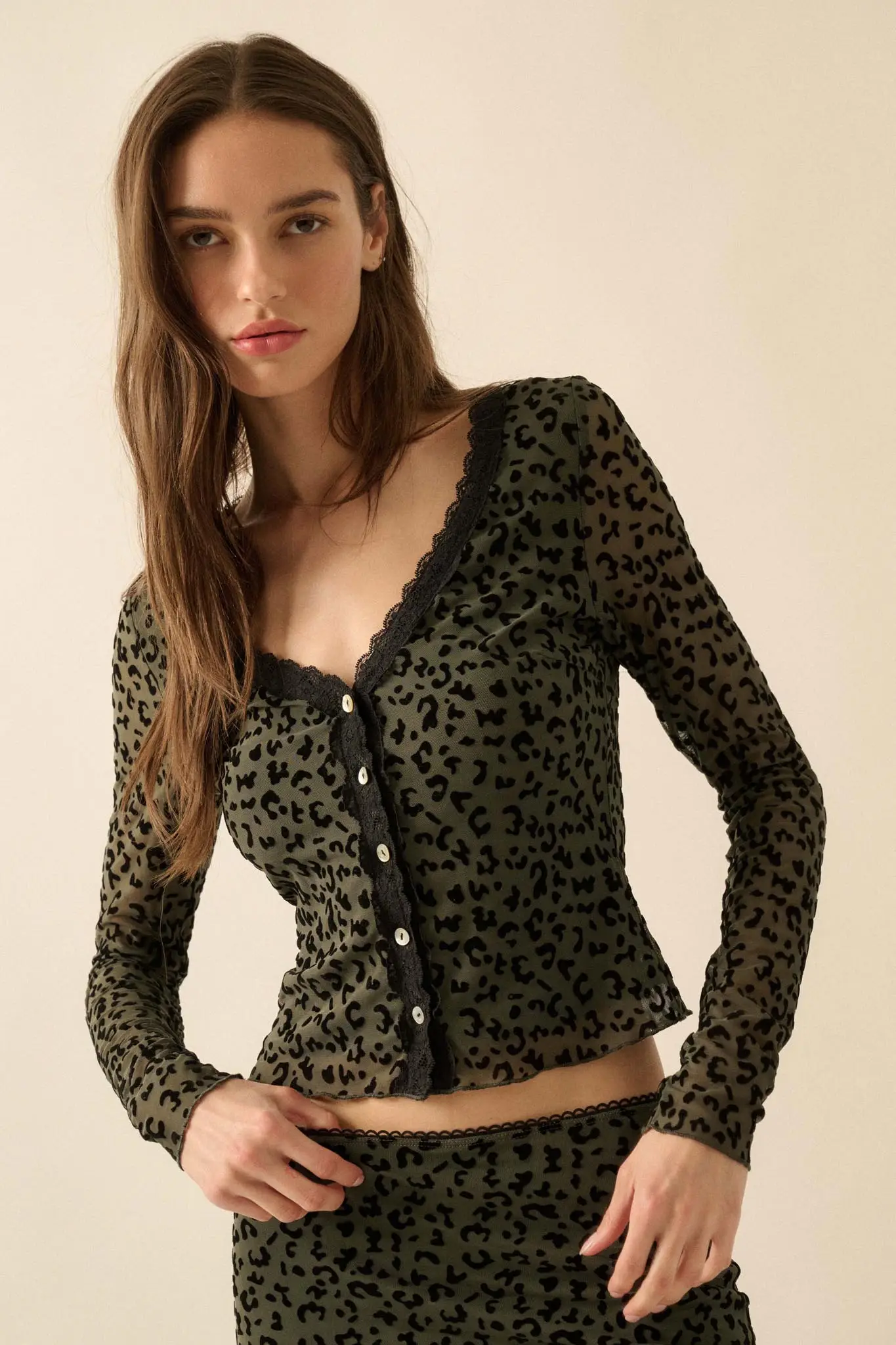 Wild Child Leopard Mesh Button-Front V-Neck Top - Image 7