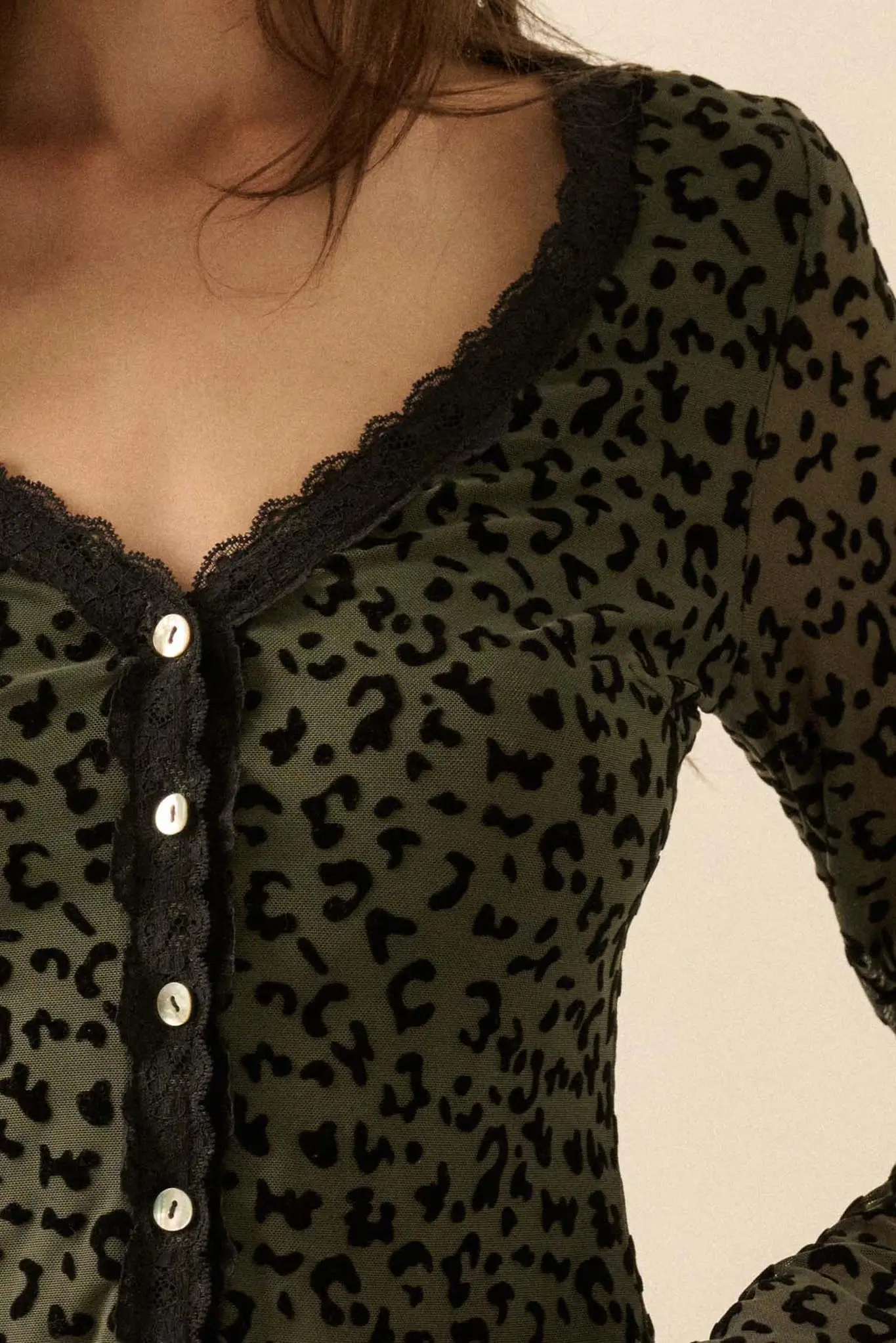 Wild Child Leopard Mesh Button-Front V-Neck Top - Image 8