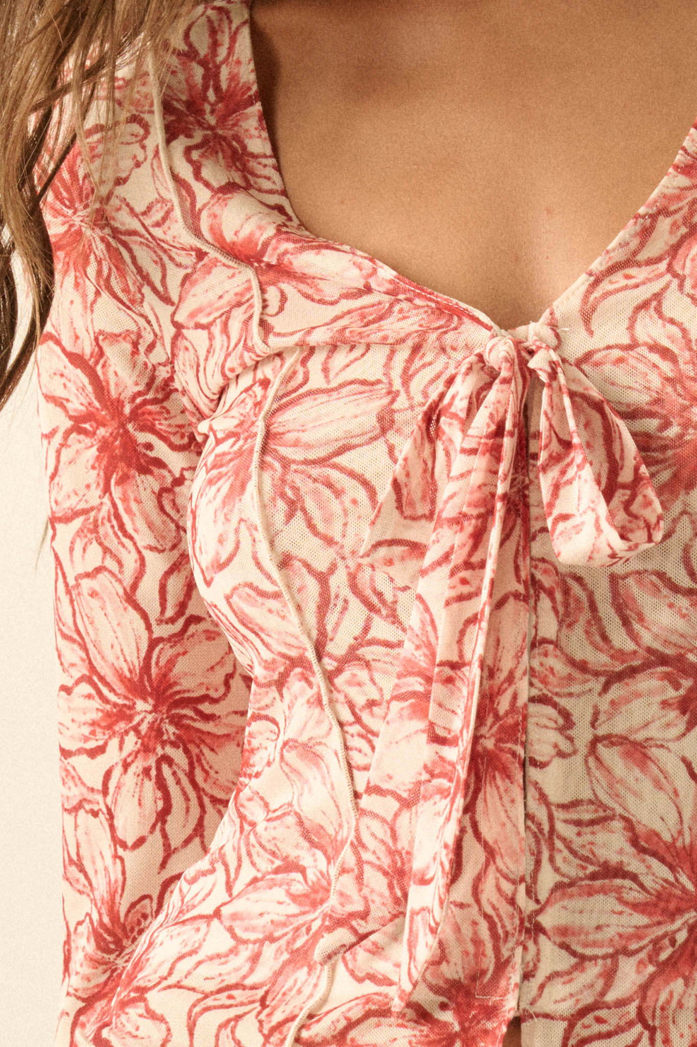 Wild Lilies Floral Mesh Tie-Front Bell-Sleeve Top - Image 2