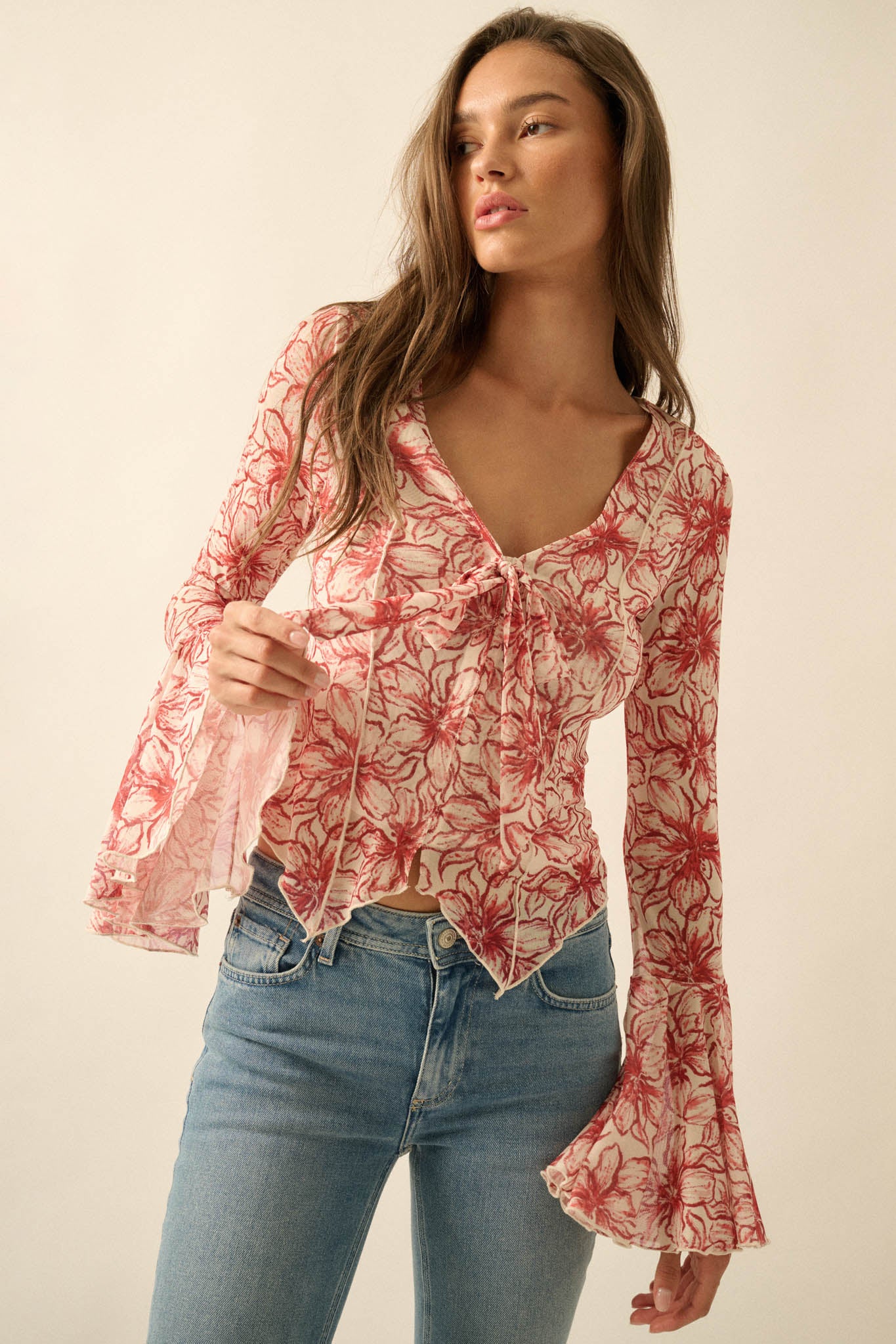 Wild Lilies Floral Mesh Tie-Front Bell-Sleeve Top - Image 4
