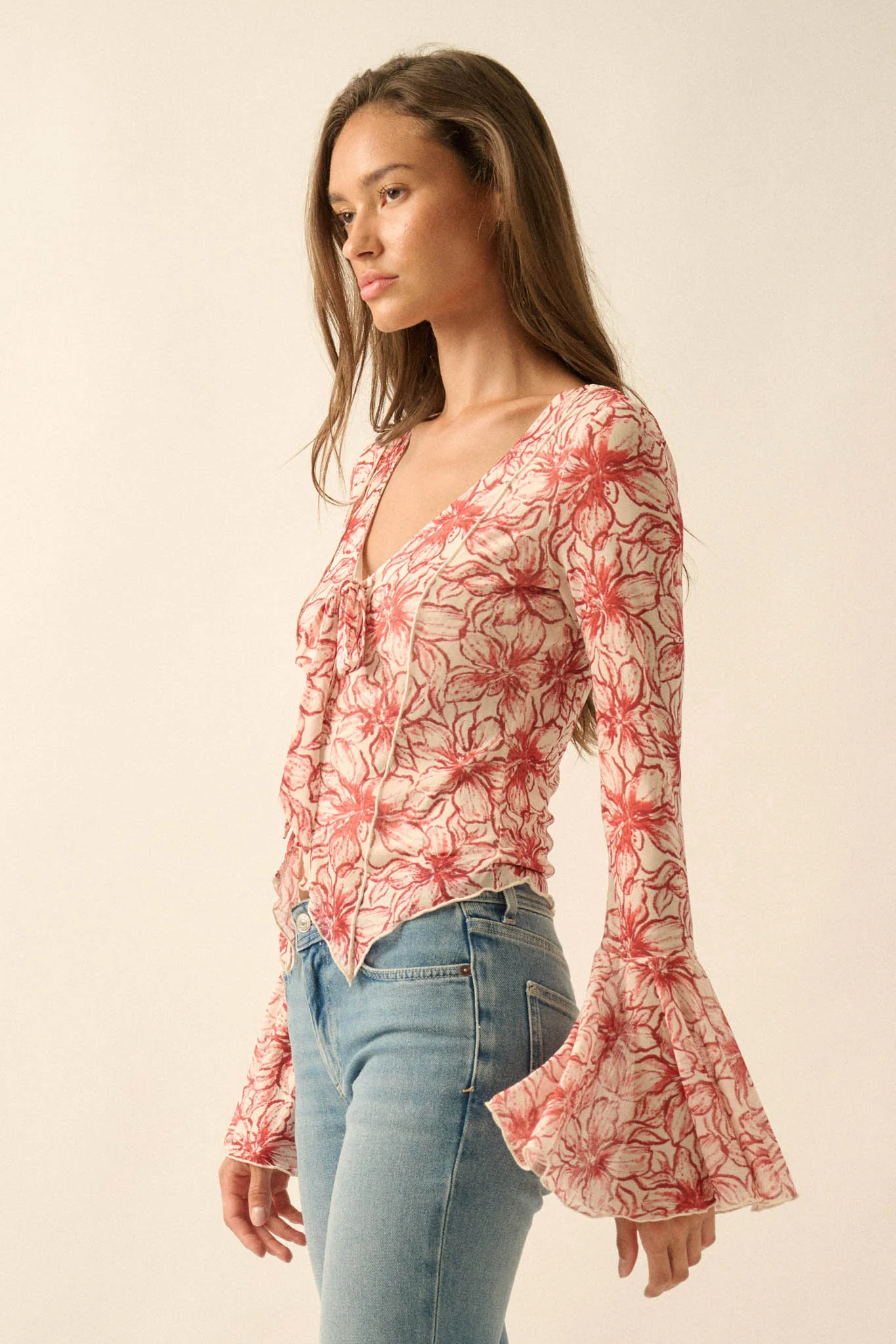 Wild Lilies Floral Mesh Tie-Front Bell-Sleeve Top - Image 5