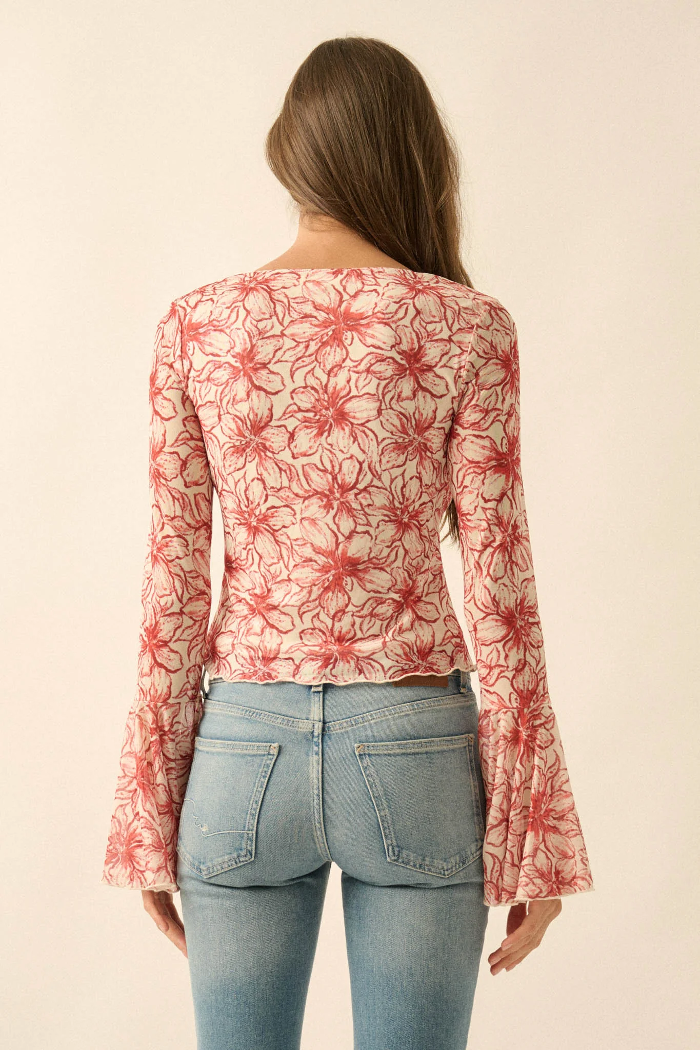 Wild Lilies Floral Mesh Tie-Front Bell-Sleeve Top - Image 6