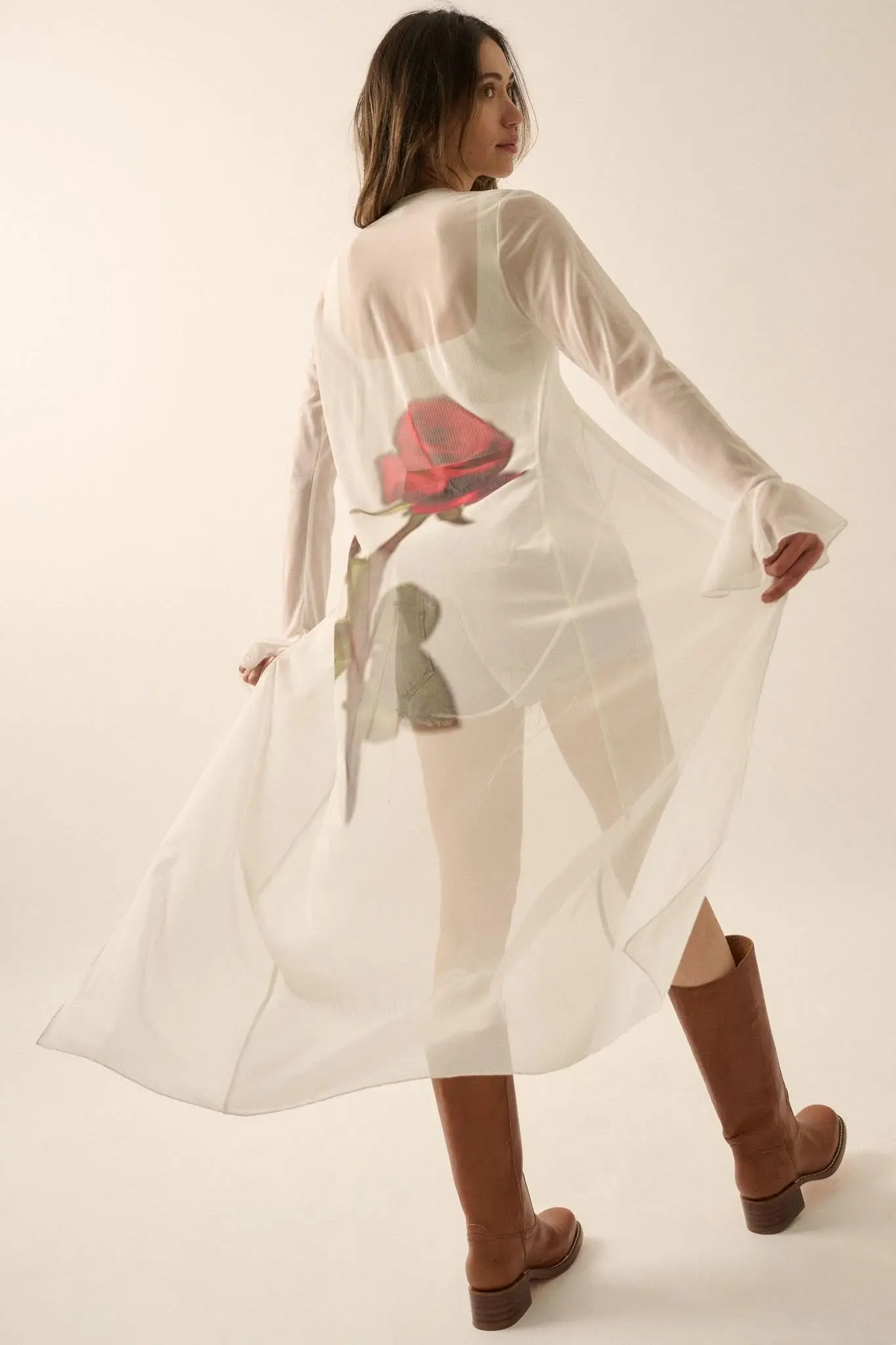 Wild Rose Mesh Back-Print Duster Kimono Cardigan