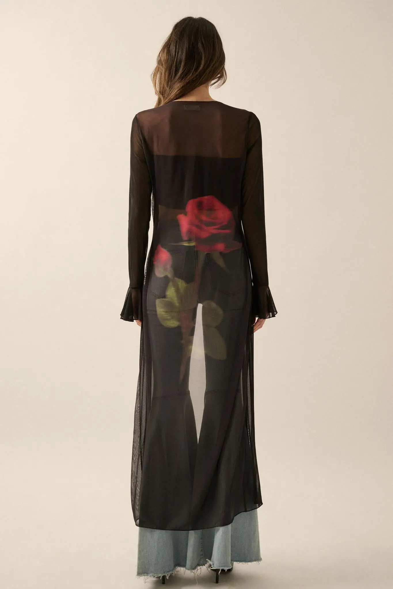 Wild Rose Mesh Back-Print Duster Kimono Cardigan - Image 12