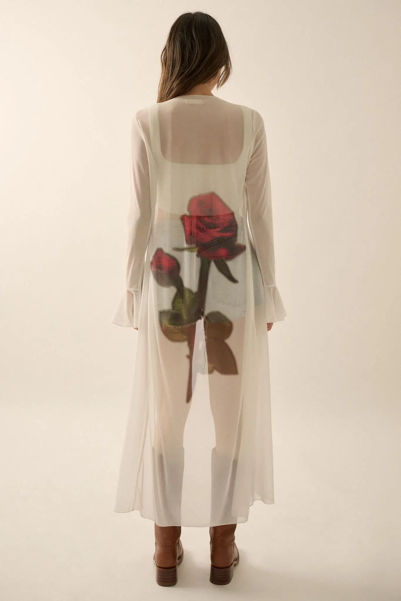 Wild Rose Mesh Back-Print Duster Kimono Cardigan - Image 6