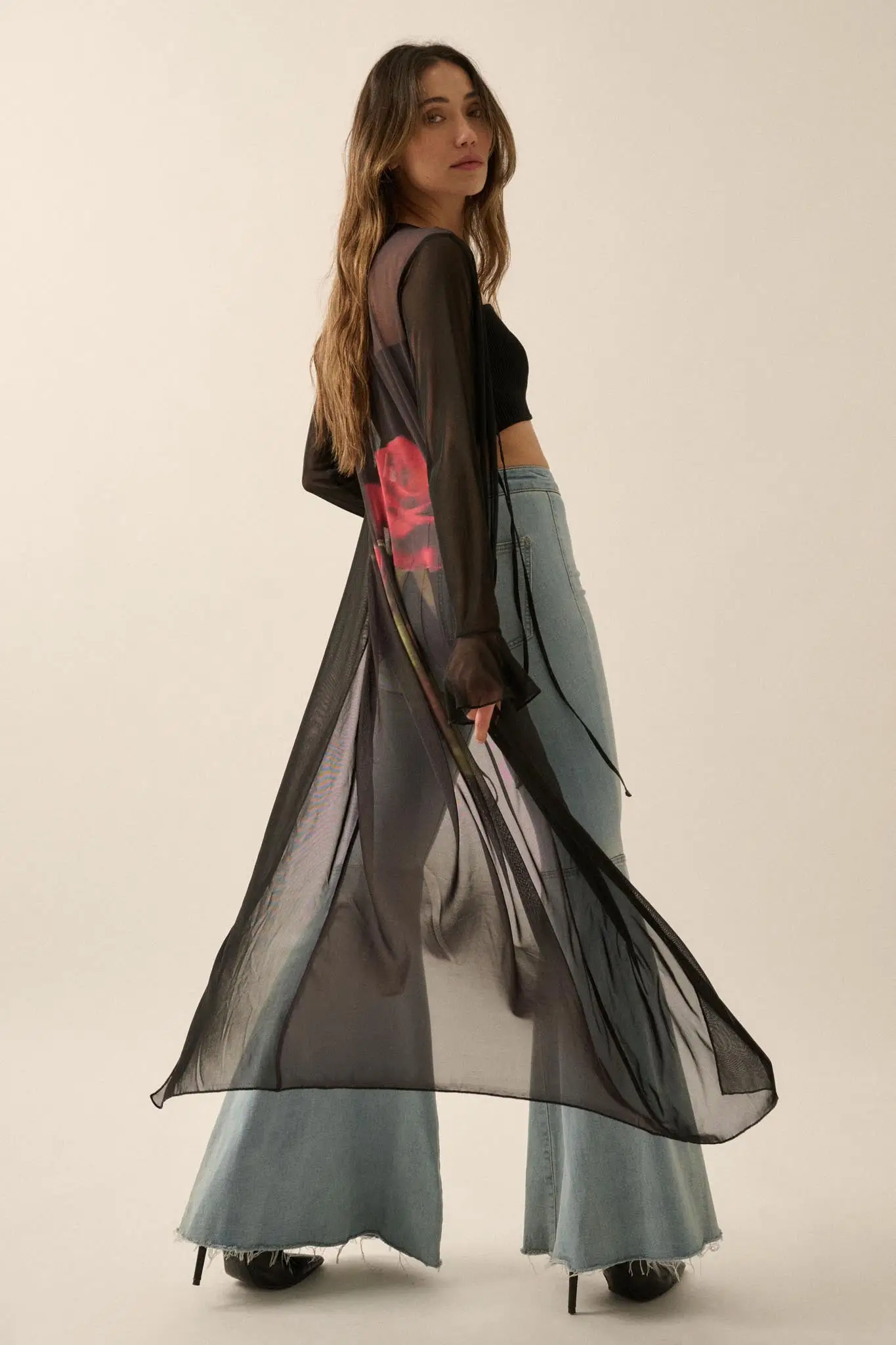 Wild Rose Mesh Back-Print Duster Kimono Cardigan - Image 7