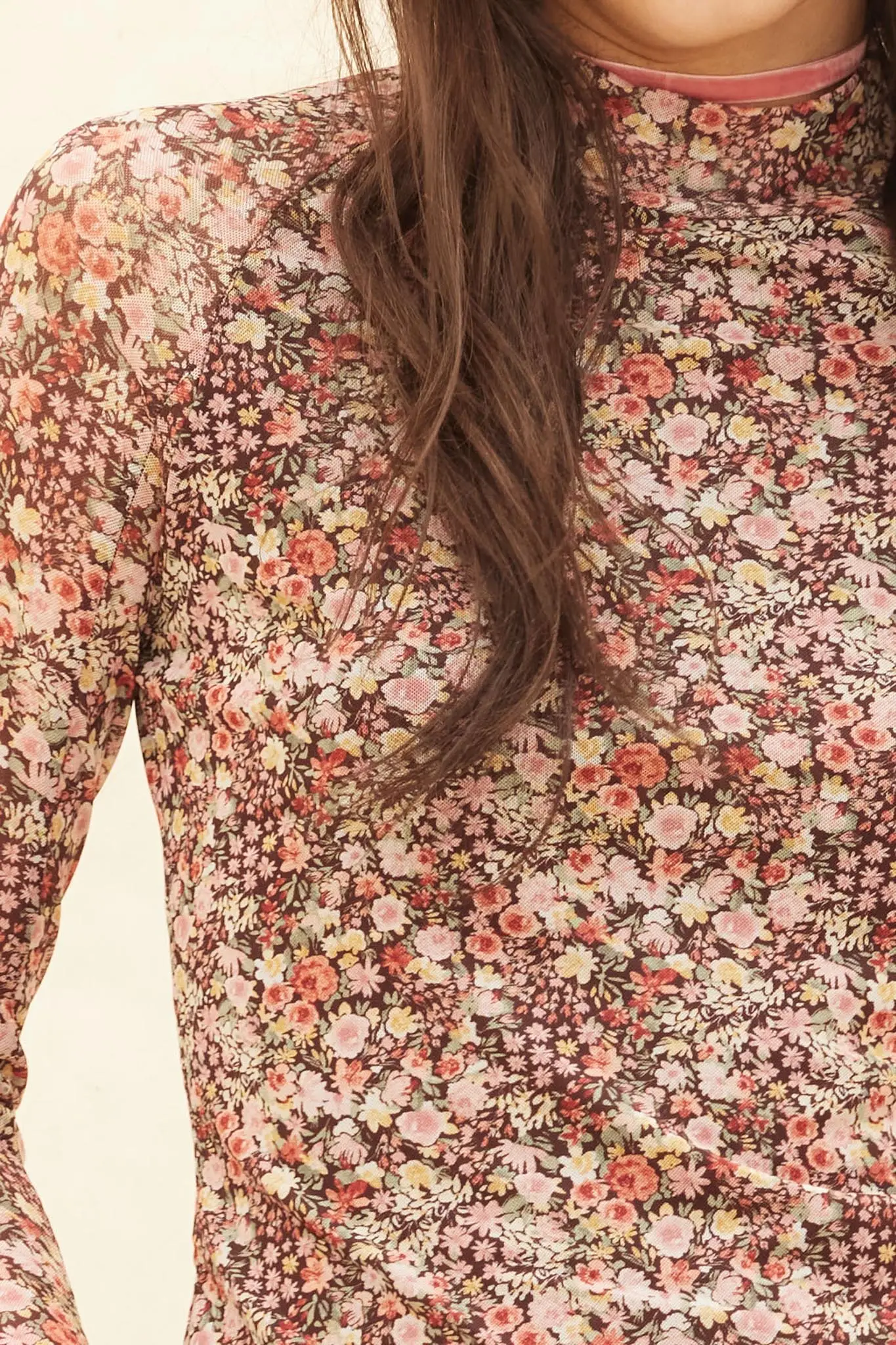 Wildflower Bouquet Floral Mesh Mock-Neck Top - Image 2