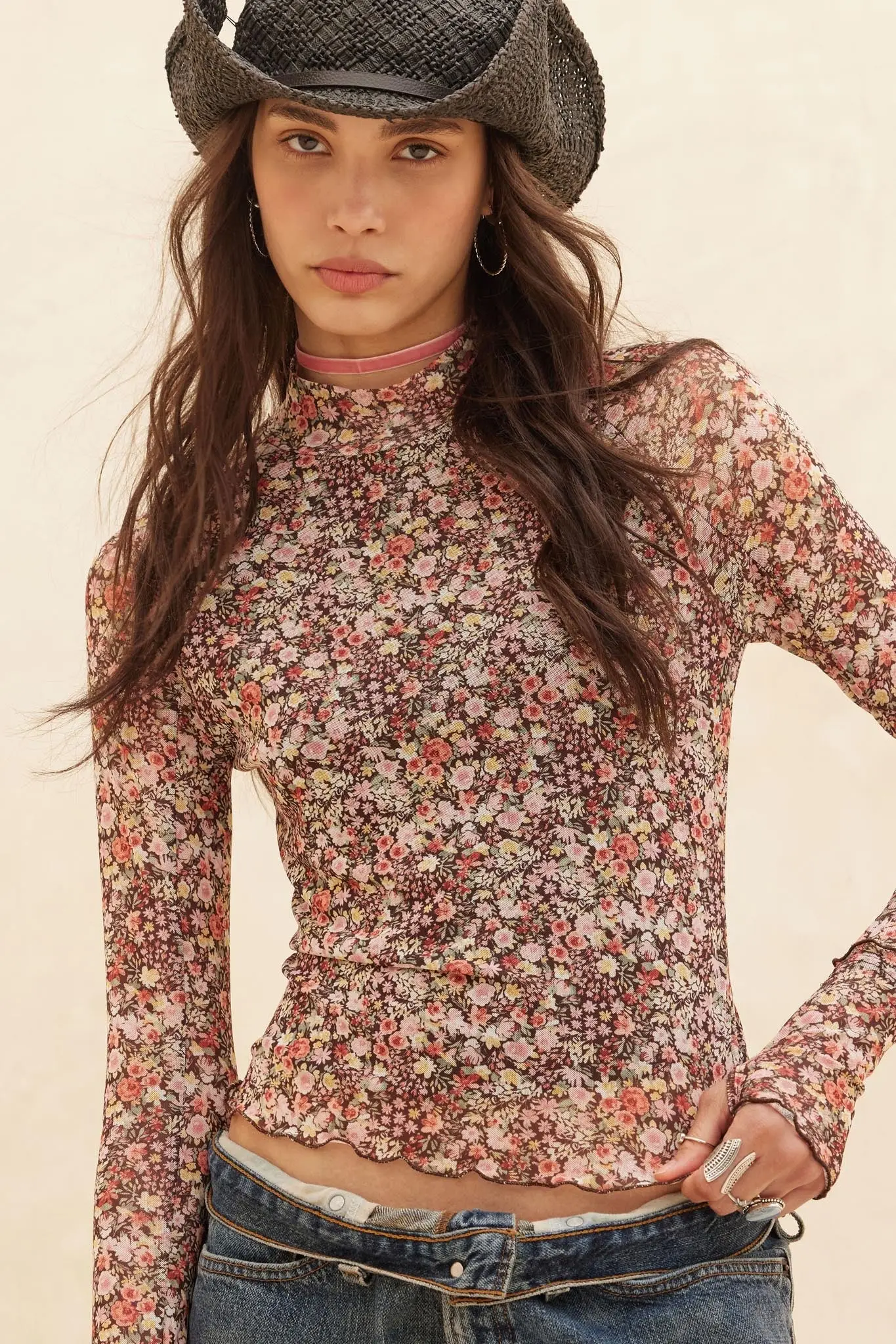 Wildflower Bouquet Floral Mesh Mock-Neck Top - Image 4
