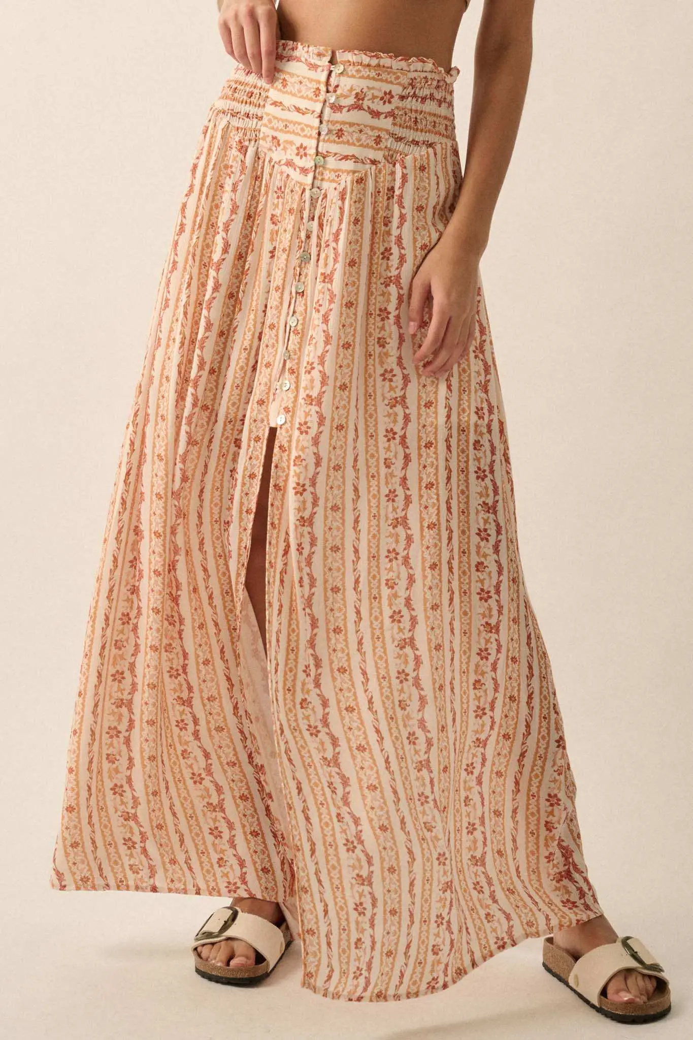 Wildflower Field Floral-Stripe Buttoned Maxi Skirt - Image 11