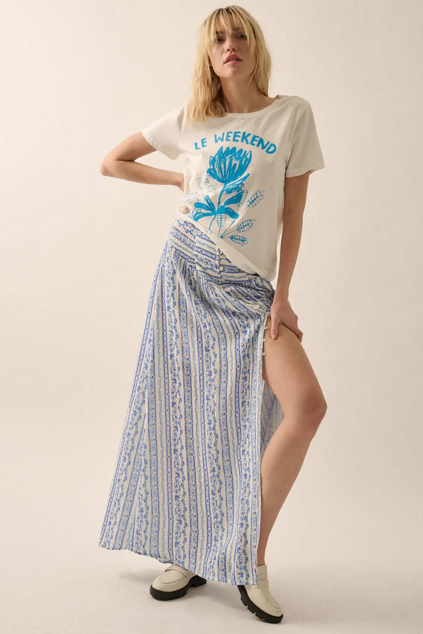 Wildflower Field Floral-Stripe Buttoned Maxi Skirt - Image 5