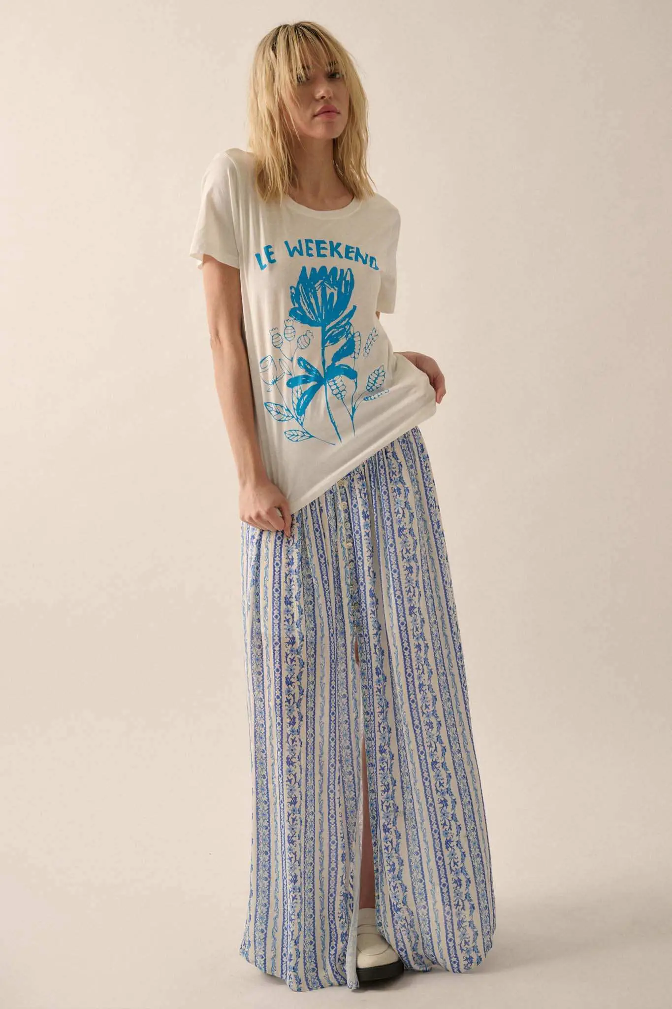 Wildflower Field Floral-Stripe Buttoned Maxi Skirt - Image 7