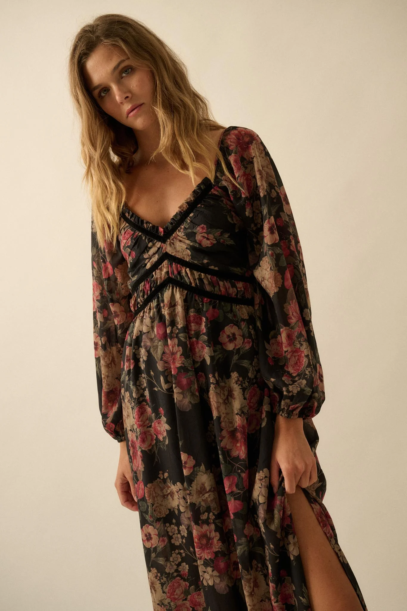 Wildflower Glen Floral Velvet-Trim Maxi Dress - Image 13