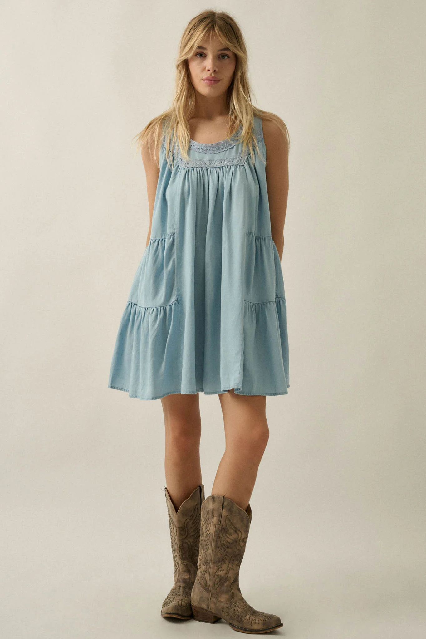 Wind Catcher Lace-Trim Denim Tiered Babydoll Romper - Image 3