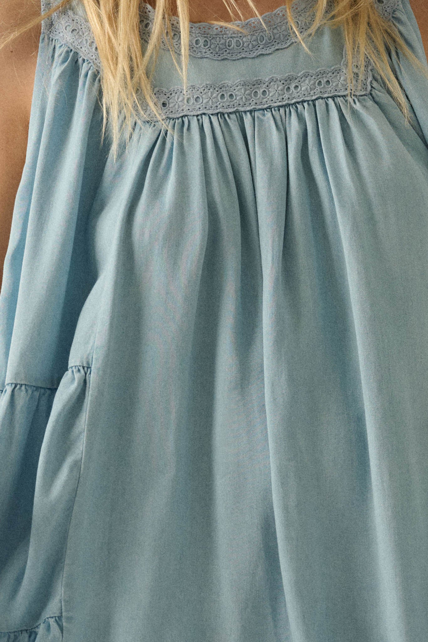 Wind Catcher Lace-Trim Denim Tiered Babydoll Romper - Image 4