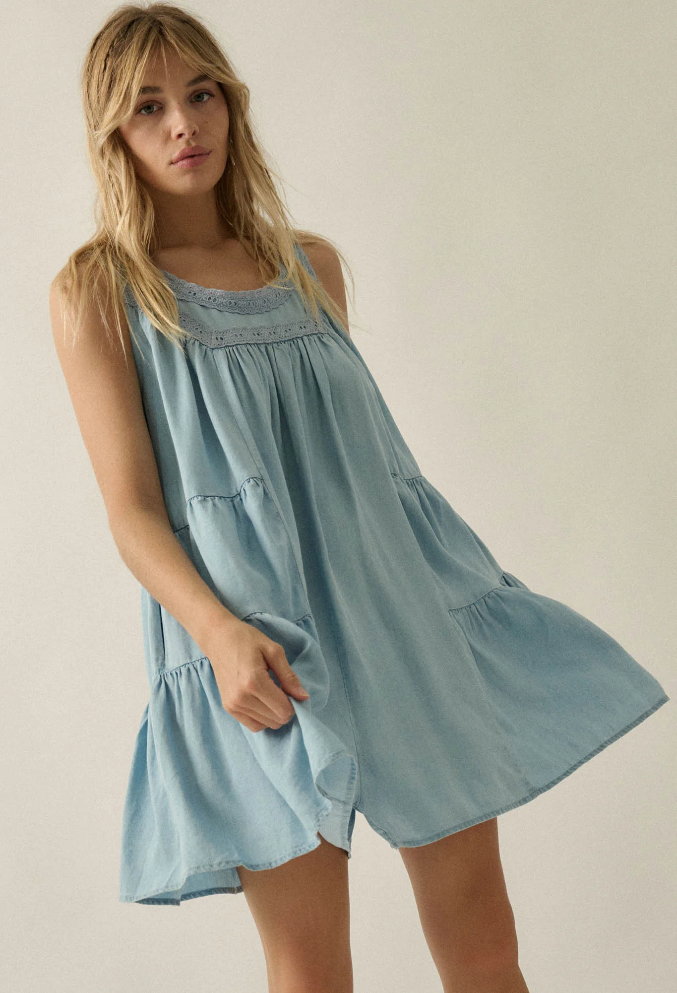 Wind Catcher Lace-Trim Denim Tiered Babydoll Romper - Image 5