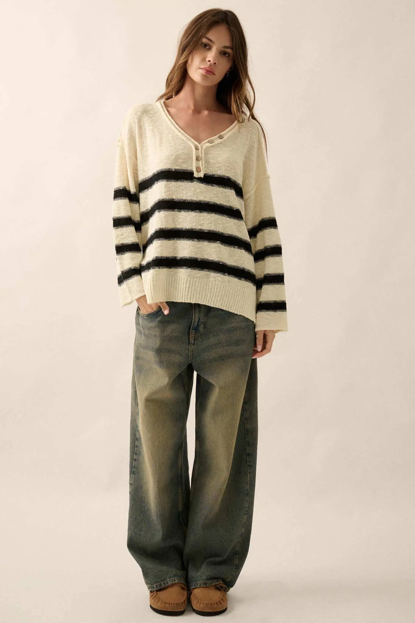 Winning Streak Loose-Fit Striped Henley Sweater - Image 3