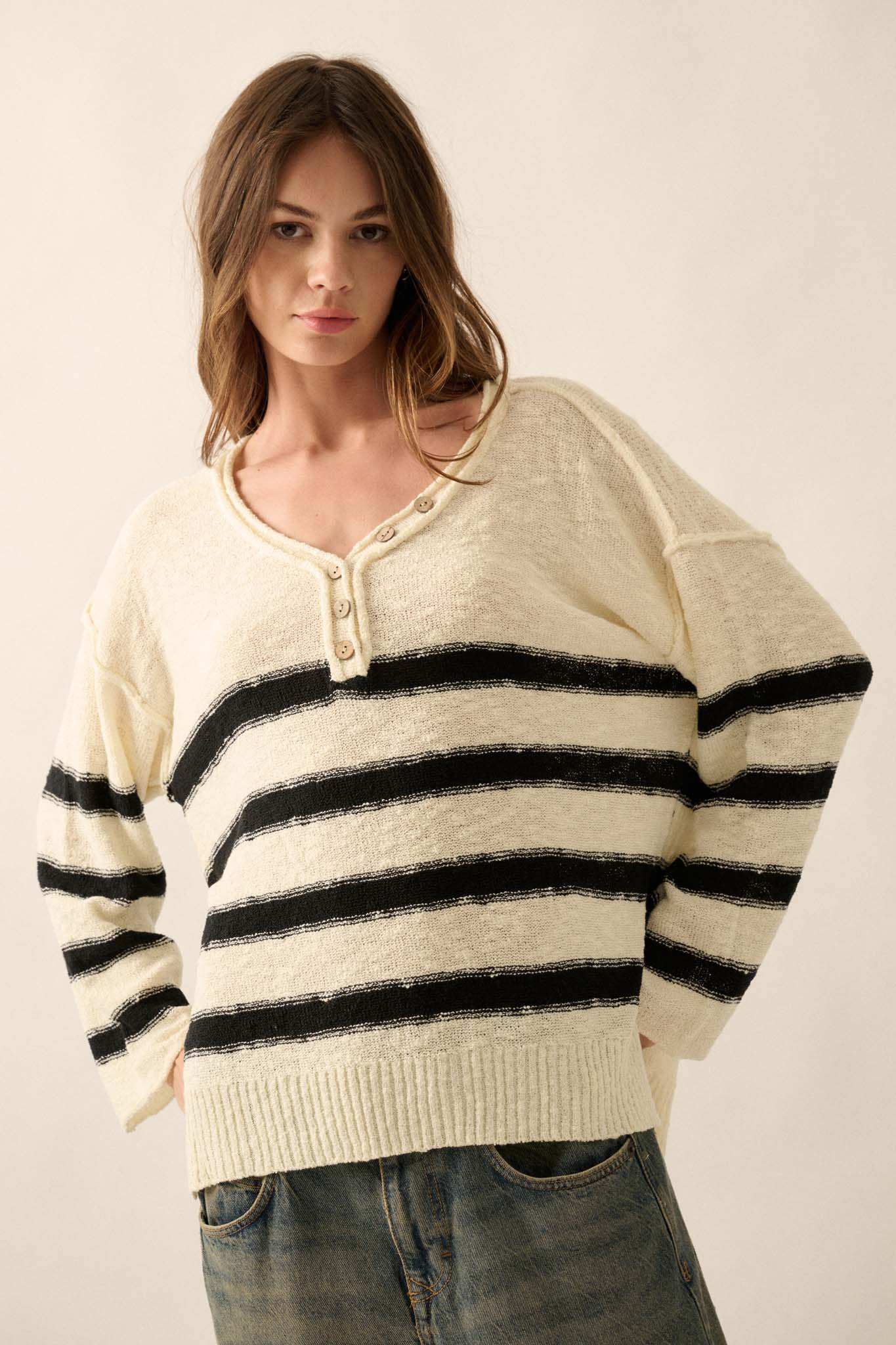 Winning Streak Loose-Fit Striped Henley Sweater - Image 5