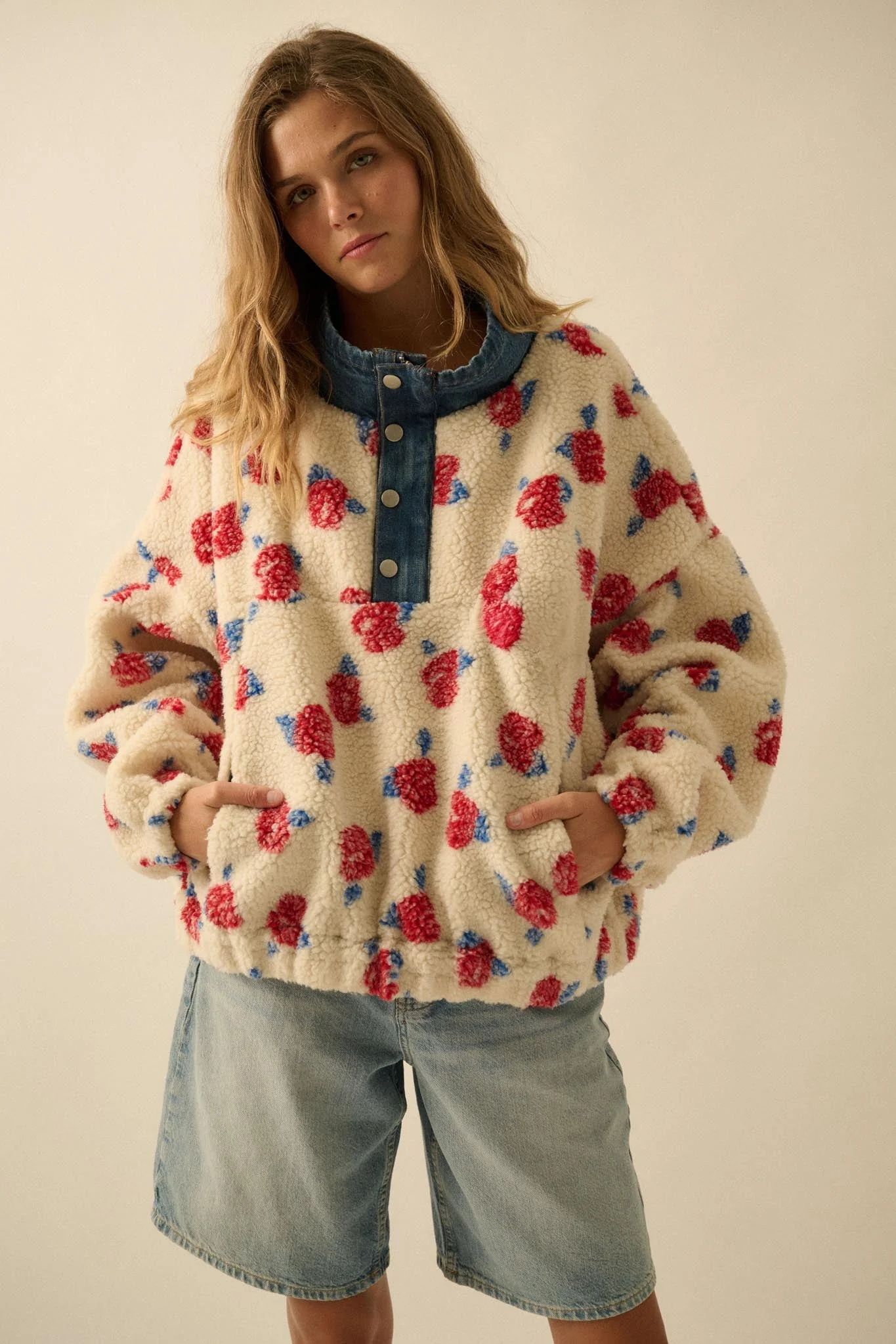 Winter Roses Floral Fleece Half-Zip Pullover - Image 4