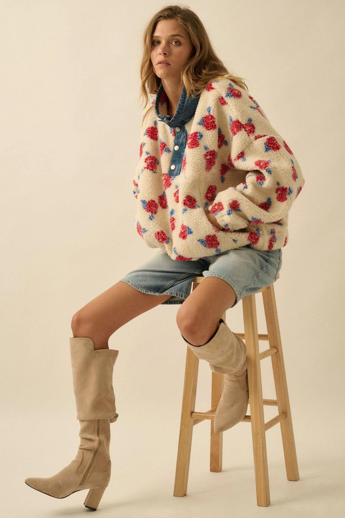 Winter Roses Floral Fleece Half-Zip Pullover - Image 6