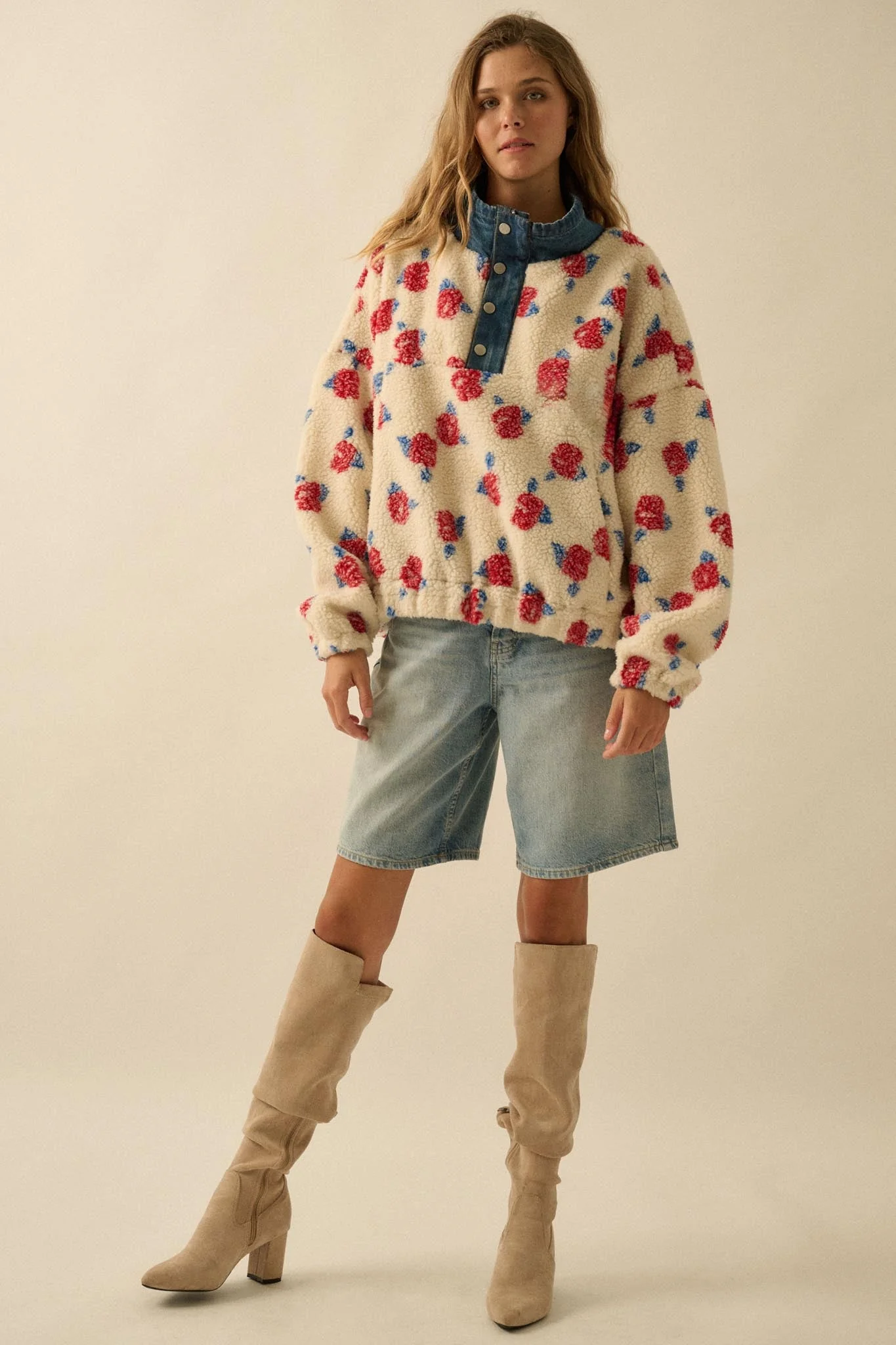 Winter Roses Floral Fleece Half-Zip Pullover - Image 7