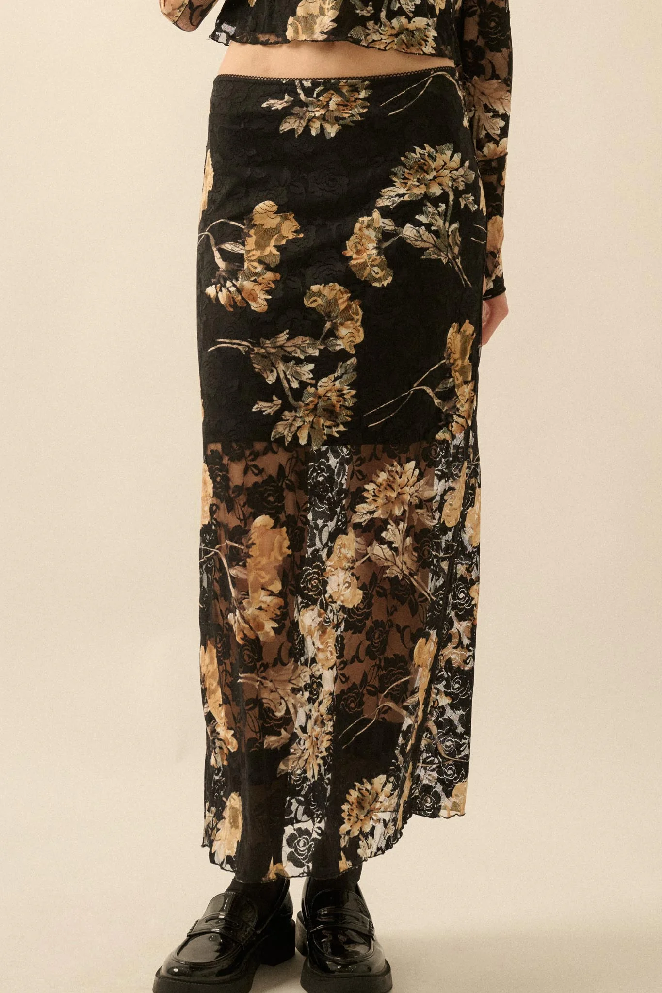 Wistful Blossoms Printed Floral Lace Maxi Skirt - Image 2