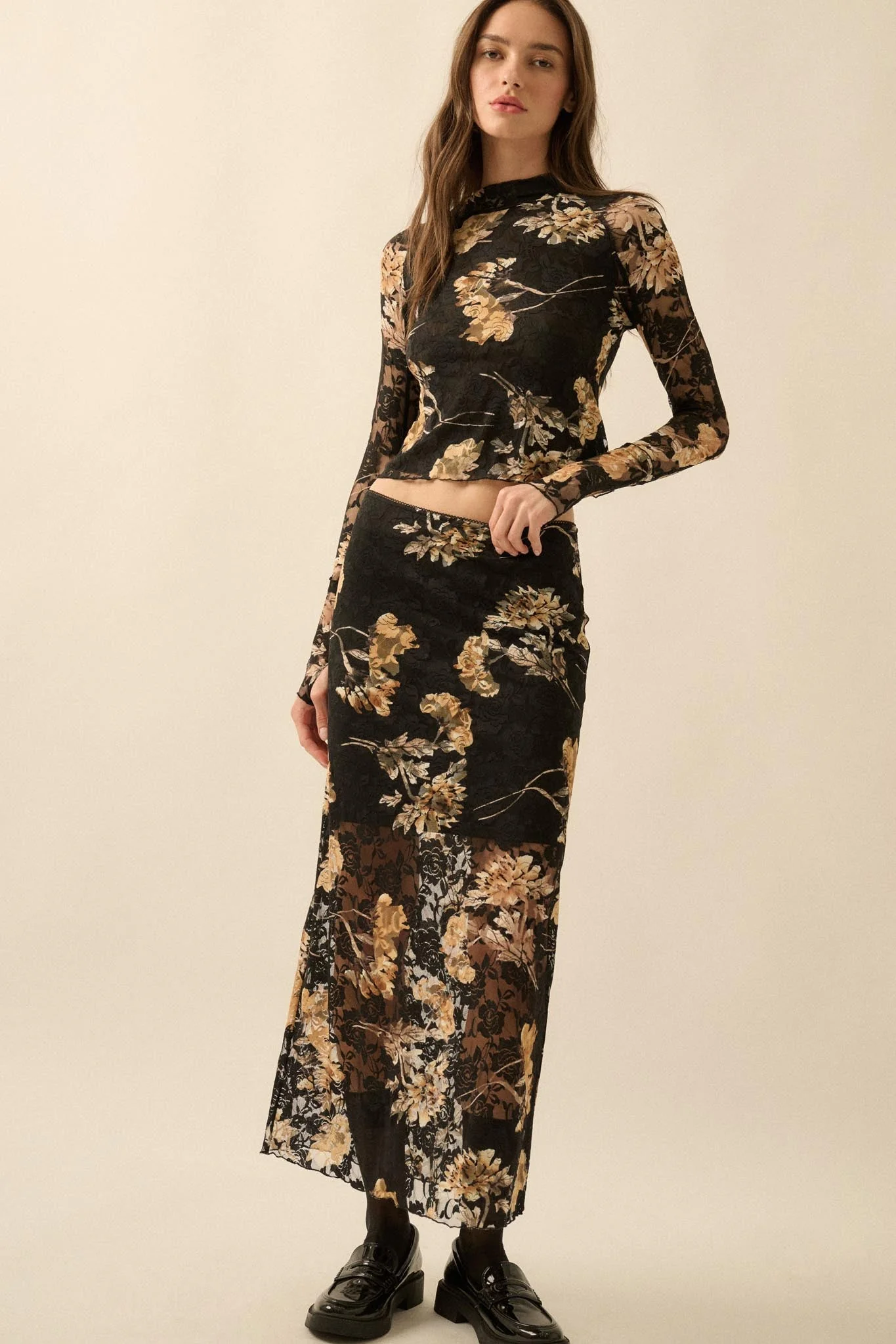 Wistful Blossoms Printed Floral Lace Maxi Skirt - Image 4