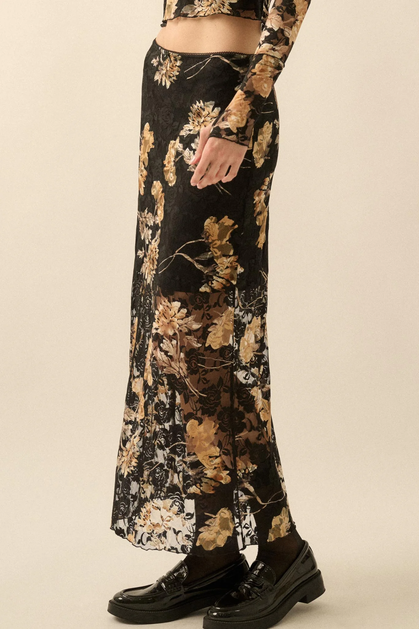 Wistful Blossoms Printed Floral Lace Maxi Skirt - Image 5