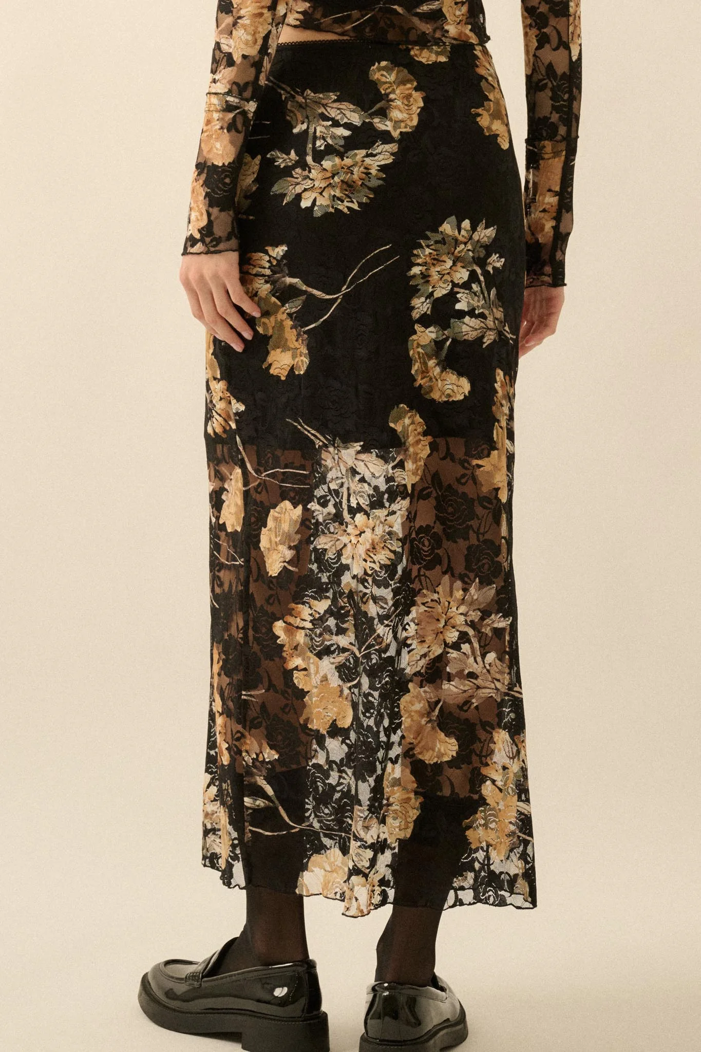 Wistful Blossoms Printed Floral Lace Maxi Skirt - Image 6